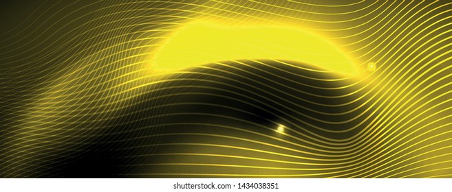 Smoky glowing waves in the dark. Dark abstract background with neon color light and wavy lines