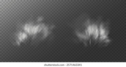 A smoky and misty effect featuring soft, cloudy white shapes spreading out on a transparent checkered background, ideal for atmospheric or special effects designs.