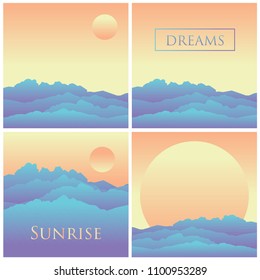 Smoky mountains. Set of vector illustrations with silhouettes of mountains in the fog. Collection of backgrounds with nature. Gradient. Card. Poster