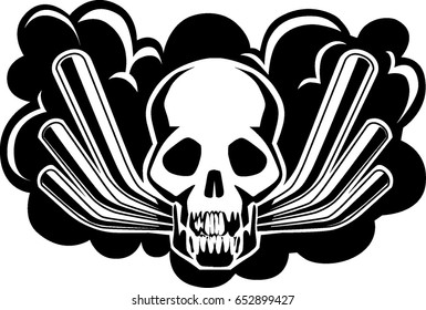 Smoky Skull ,Graphic of skull with six mufflers exhaust black smoke