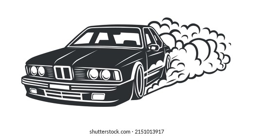 Smoky wheel. Illustration of a drift sports car. Design element.