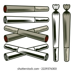 Smolder joints or cigarettes with marijuana vector objects or design elements in monochrome style isolated on white background