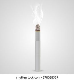 Smoldering 3d cigarette with a smoke. Vector illustration