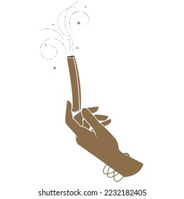 Smoldering aromatic stick in hand, smoking stick of sacred tree palo santo exuding fragrance, incense for meditation and spiritual practices, vector