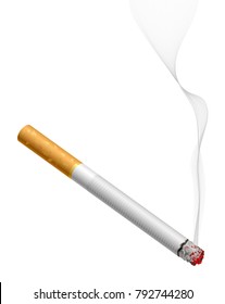 Smoldering cigarette with smoke isolated on white