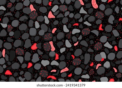 Smoldering coals. Firewood in the fireplace burnout. Glowing embers pattern. Hot coals seamless pattern. Flaming smoking coal. Cartoon burning glowing charcoal, hot burning burning charcoal top view.