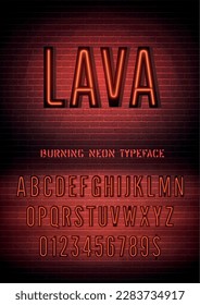 Smoldering night light extra glow font with numbers. Lava sign with red narrow neon alphabet on dark brick wall background. Vector illustration