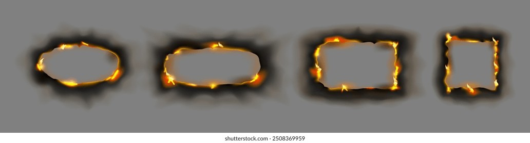 Smoldering paper frames in form of various geometric shapes, isolated oval and ellipse, rectangle and square in fire with ash. Vector realistic scorched sheets. Parchment burnt effect with flame