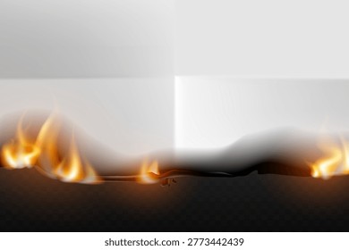 Smoldering torn edge with small fire flames and dark burnt texture on transparent background.
