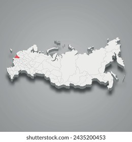 Smolensk region highlighted in red on a grey Russia 3d map