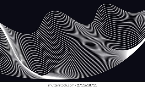 Glattes abstraktes Wellenfeld aus dichten linearen Kurven, die geometrische Bewegung und elegante Flüssigkeitsbewegung auf dunklem Hintergrund erzeugen