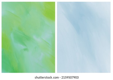 Smooth Abstract Oil Painting Style Vector Layouts. Light Lime Green, White and Blue Stains Background. Modern Bright and Pastel Color Vector Print Set ideal for Cover, Layout.