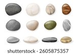 Smooth beach rocks, sea and ocean coast boulders of various color. Vector realistic style, Small river pebbles and stones collection. Massage and meditation concepts. Zen garden relaxation