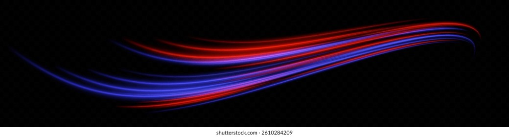 Smooth beam. Red and blue light trails bending upward. Energy flow, speed effect, digital shape, futuristic glow design.