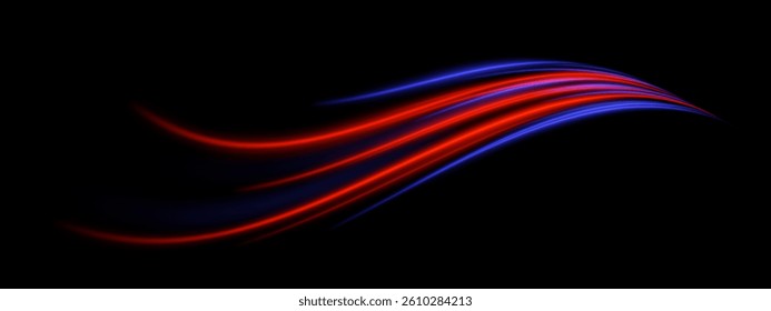 Smooth beam. Red and blue light trails bending upward. Energy flow, speed effect, digital shape, futuristic glow design.