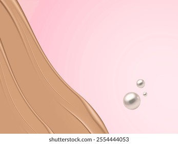 Smooth beige texture on a soft pink background with silver pearls, symbolizing beauty and elegance.