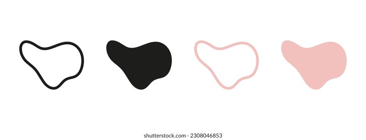 Forma de color y negro liso. Sencilla Cebolla Irregular, Piedra, Colección Drop. Líquido mínimo. Forma de blobs abstracta orgánica. Línea de bloqueo aleatorio y juego de silueta. Ilustración de vectores aislados.