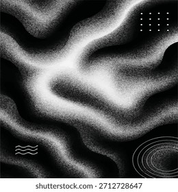 Um plano de fundo abstrato preto e branco suave com ondas de gradiente suave, textura granulada e formas orgânicas fluidas. Acentuado com elementos geométricos minimalistas, incluindo padrões pontilhados, linhas onduladas,