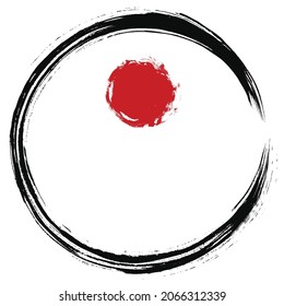 A smooth blotched circle drawn by hand with a beautiful texture of a calligraphic brush, and a red sun in the middle 2d illustration