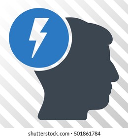Smooth Blue Brain Electricity interface toolbar pictogram. Vector pictogram style is a flat bicolor symbol on diagonal hatch transparent background.