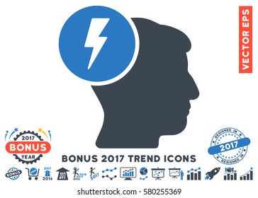 Smooth Blue Brain Electricity pictograph with bonus 2017 year trend clip art. Vector illustration style is flat iconic bicolor symbols, white background.
