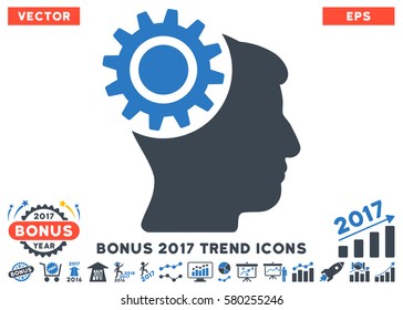 Smooth Blue Brain Gear icon with bonus 2017 year trend design elements. Vector illustration style is flat iconic bicolor symbols, white background.