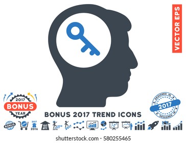 Smooth Blue Brain Key icon with bonus 2017 trend design elements. Vector illustration style is flat iconic bicolor symbols, white background.