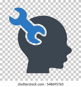 Smooth Blue Brain Service Wrench interface pictogram. Vector pictogram style is a flat bicolor symbol on chess transparent background.