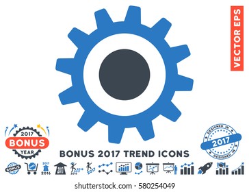 Smooth Blue Cogwheel pictogram with bonus 2017 trend symbols. Vector illustration style is flat iconic bicolor symbols, white background.