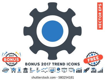 Smooth Blue Cogwheel pictogram with bonus 2017 year trend icon set. Vector illustration style is flat iconic bicolor symbols, white background.