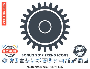 Smooth Blue Cogwheel pictograph with bonus 2017 year trend clip art. Vector illustration style is flat iconic bicolor symbols, white background.