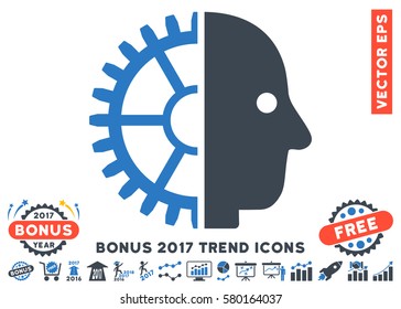 Smooth Blue Cyborg Head icon with bonus 2017 trend clip art. Vector illustration style is flat iconic bicolor symbols, white background.