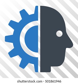 Smooth Blue Cyborg Head interface icon. Vector pictogram style is a flat bicolor symbol on diagonal hatch transparent background.