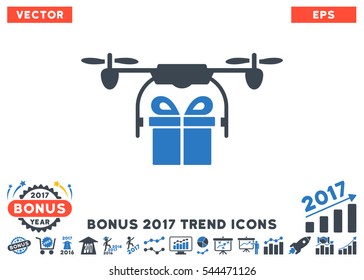 Smooth Blue Drone Gift Delivery pictogram with bonus 2017 year trend pictograms. Vector illustration style is flat iconic bicolor symbols, white background.