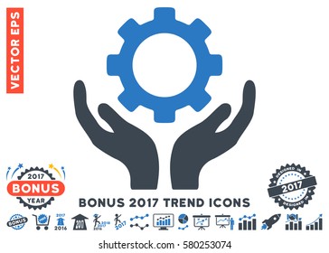 Smooth Blue Gear Maintenance Hands icon with bonus 2017 year trend images. Vector illustration style is flat iconic bicolor symbols, white background.