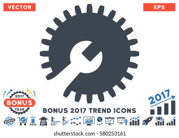 Smooth Blue Gear Tools icon with bonus 2017 year trend clip art. Vector illustration style is flat iconic bicolor symbols, white background.