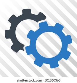 Smooth Blue Gears interface pictogram. Vector pictogram style is a flat bicolor symbol on diagonal hatch transparent background.