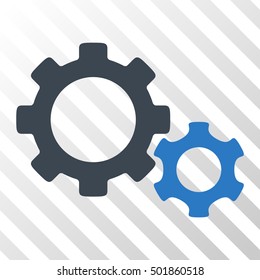 Smooth Blue Gears interface toolbar icon. Vector pictogram style is a flat bicolor symbol on diagonal hatch transparent background.