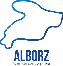 Mapa de contorno de gradiente azul suave da província de Alborz, Irã . Vetor isolado de infográficos políticos, blogs de viagens, materiais educacionais, artigos editoriais. Design limpo e minimalista