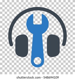 Smooth Blue Headphones Tuning Wrench toolbar icon. Vector pictograph style is a flat bicolor symbol on chess transparent background.