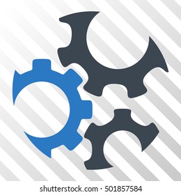 Smooth Blue Mechanics Gears interface icon. Vector pictograph style is a flat bicolor symbol on diagonal hatch transparent background.