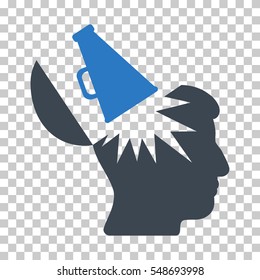 Smooth Blue Open Brain Megaphone interface pictogram. Vector pictogram style is a flat bicolor symbol on chess transparent background.