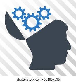 Smooth Blue Open Mind Gears toolbar pictogram. Vector pictograph style is a flat bicolor symbol on diagonal hatch transparent background.