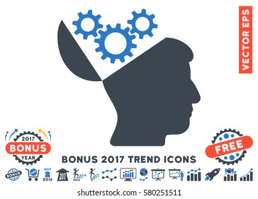 Smooth Blue Open Mind Gears pictogram with bonus 2017 trend elements. Vector illustration style is flat iconic bicolor symbols, white background.