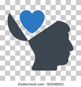 Smooth Blue Open Mind Love Heart interface icon. Vector pictograph style is a flat bicolor symbol on chess transparent background.