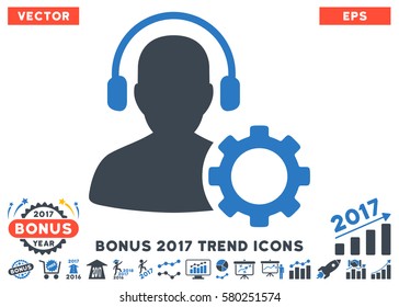 Smooth Blue Operator Configuration Gear pictograph with bonus 2017 year trend clip art. Vector illustration style is flat iconic bicolor symbols, white background.