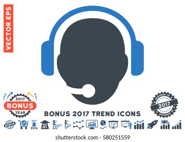 Smooth Blue Operator Head pictograph with bonus 2017 year trend pictograph collection. Vector illustration style is flat iconic bicolor symbols, white background.