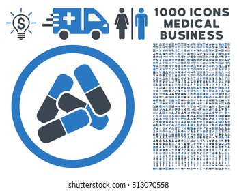 Smooth Blue Pills vector bicolor rounded icon. Image style is a flat icon symbol inside a circle, white background. Bonus clipart contains 1000 medicine business symbols.