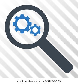Smooth Blue Search Gears Tool toolbar pictogram. Vector pictograph style is a flat bicolor symbol on diagonal hatch transparent background.