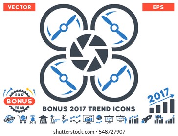 Smooth Blue Shutter Drone pictograph with bonus 2017 year trend pictograms. Vector illustration style is flat iconic bicolor symbols, white background.